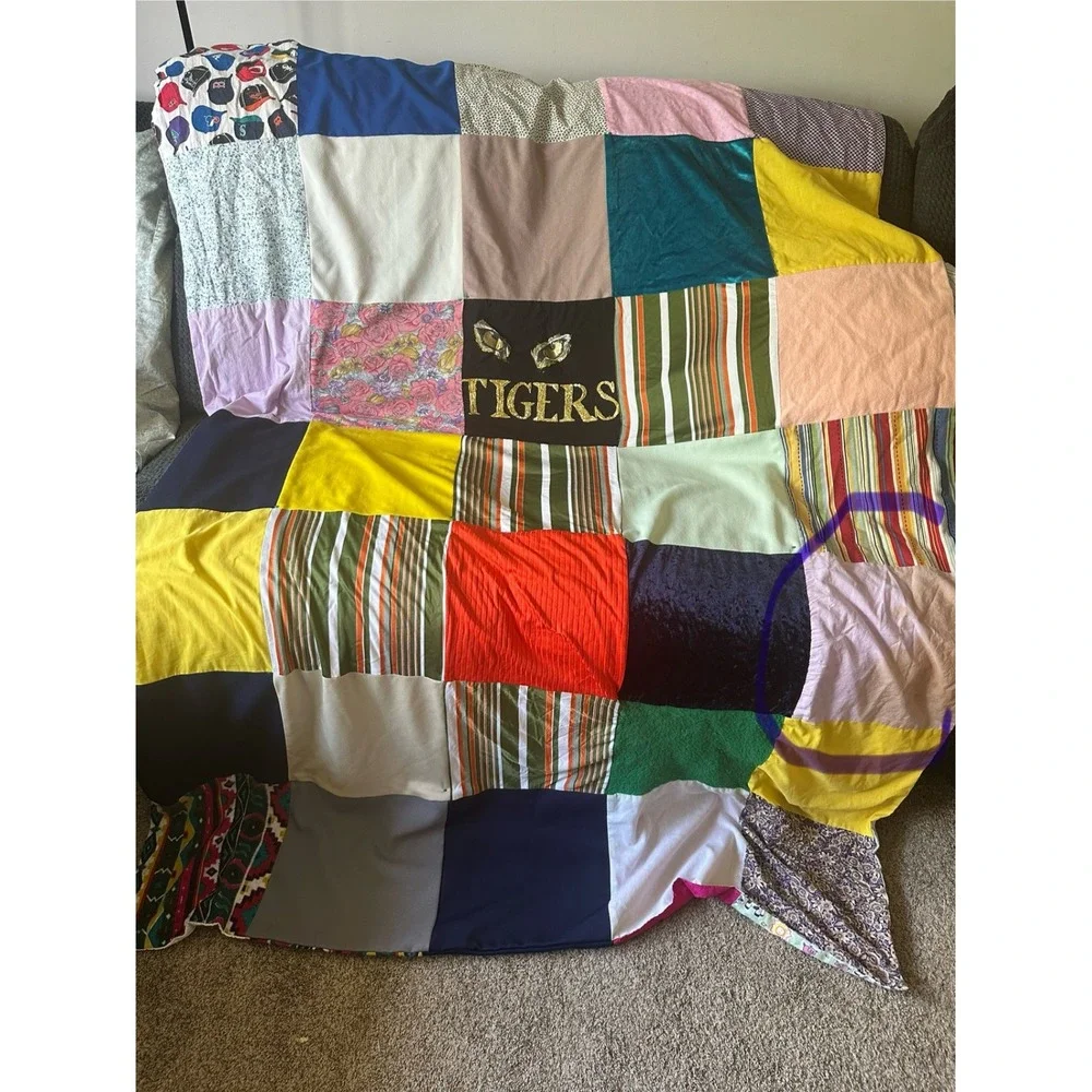 Vintage Handmade Patchwork Quilt Eclectic Multi Texture Graphic Colorful Blanket